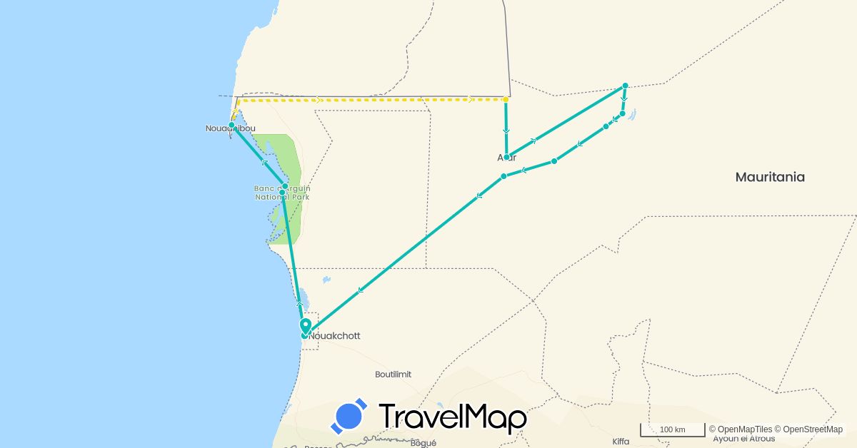 TravelMap itinerary: driving, auto, treno in Mauritania (Africa)