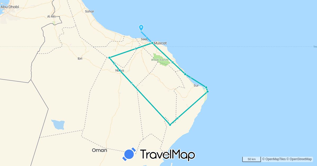 TravelMap itinerary: driving, boat, auto in Oman (Asia)