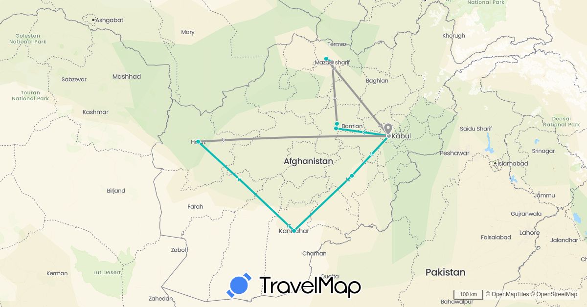 TravelMap itinerary: driving, plane, auto in Afghanistan (Asia)
