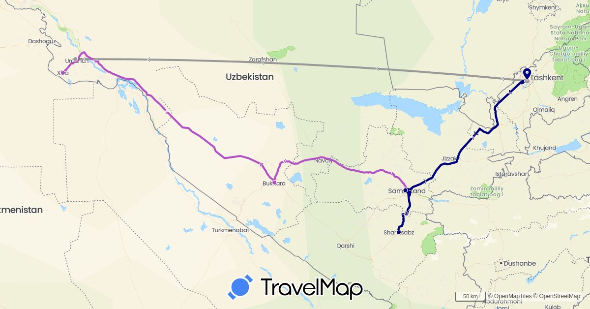 TravelMap itinerary: driving, plane, train in Uzbekistan (Asia)