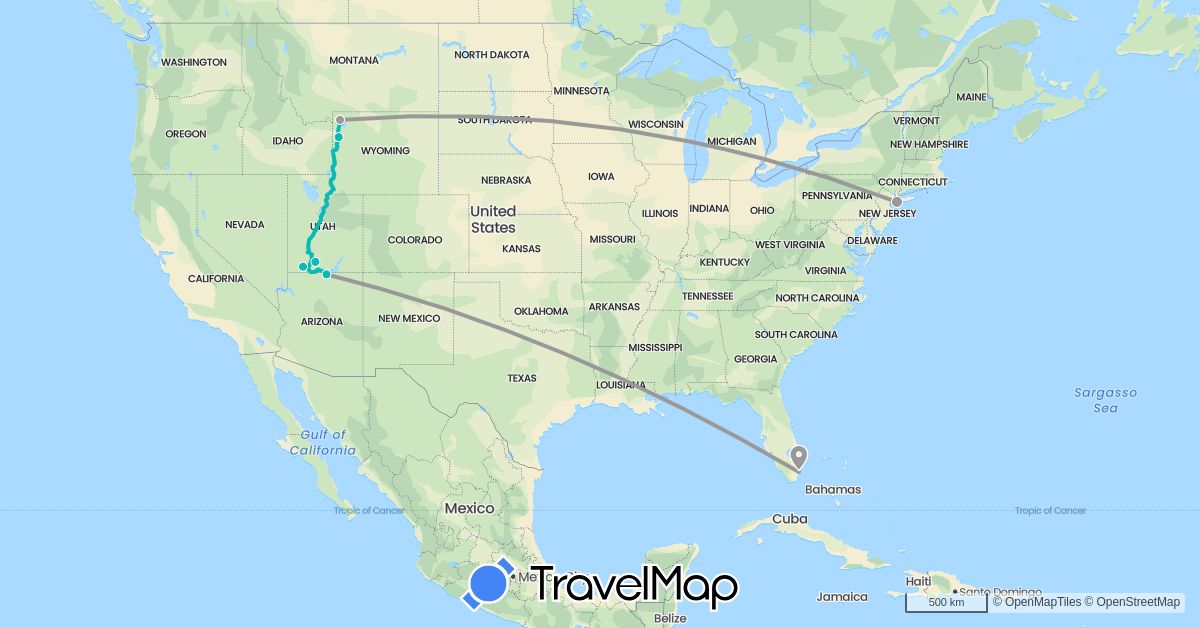 TravelMap itinerary: plane, auto in United States (North America)