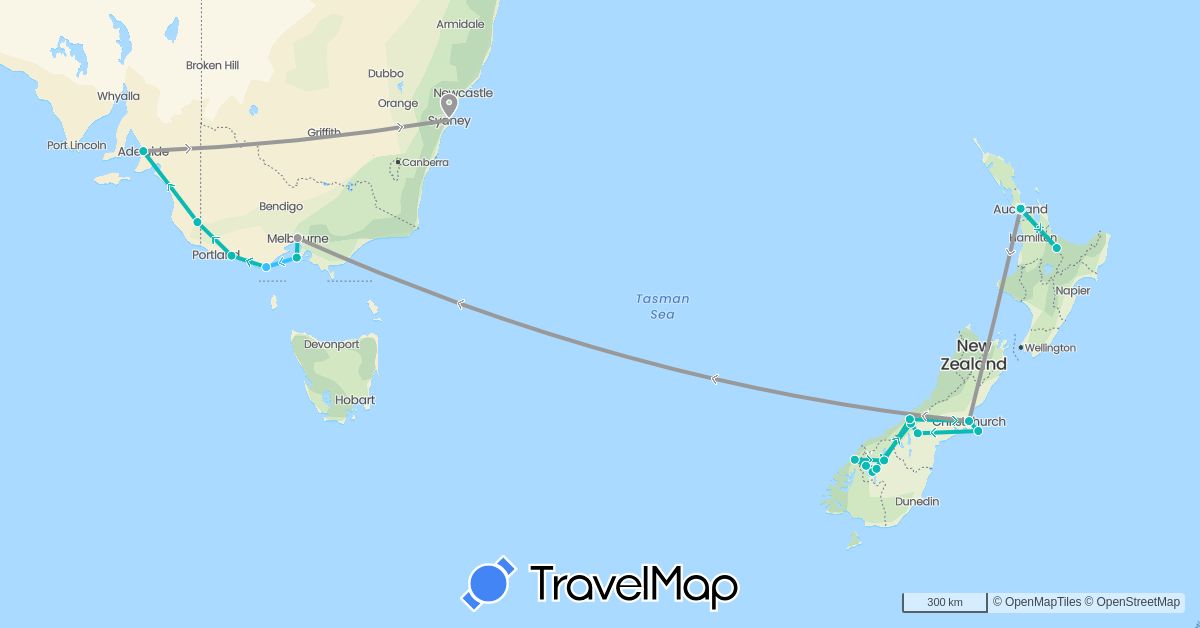 TravelMap itinerary: driving, plane, boat, auto in Australia, New Zealand (Oceania)
