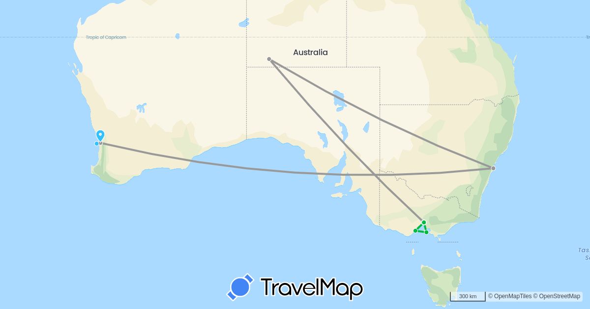 TravelMap itinerary: bus, plane, boat in Australia (Oceania)