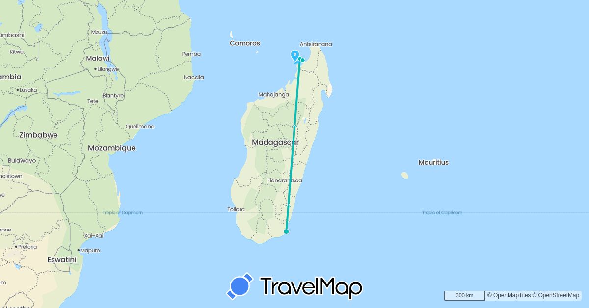 TravelMap itinerary: driving, boat, auto in Madagascar (Africa)