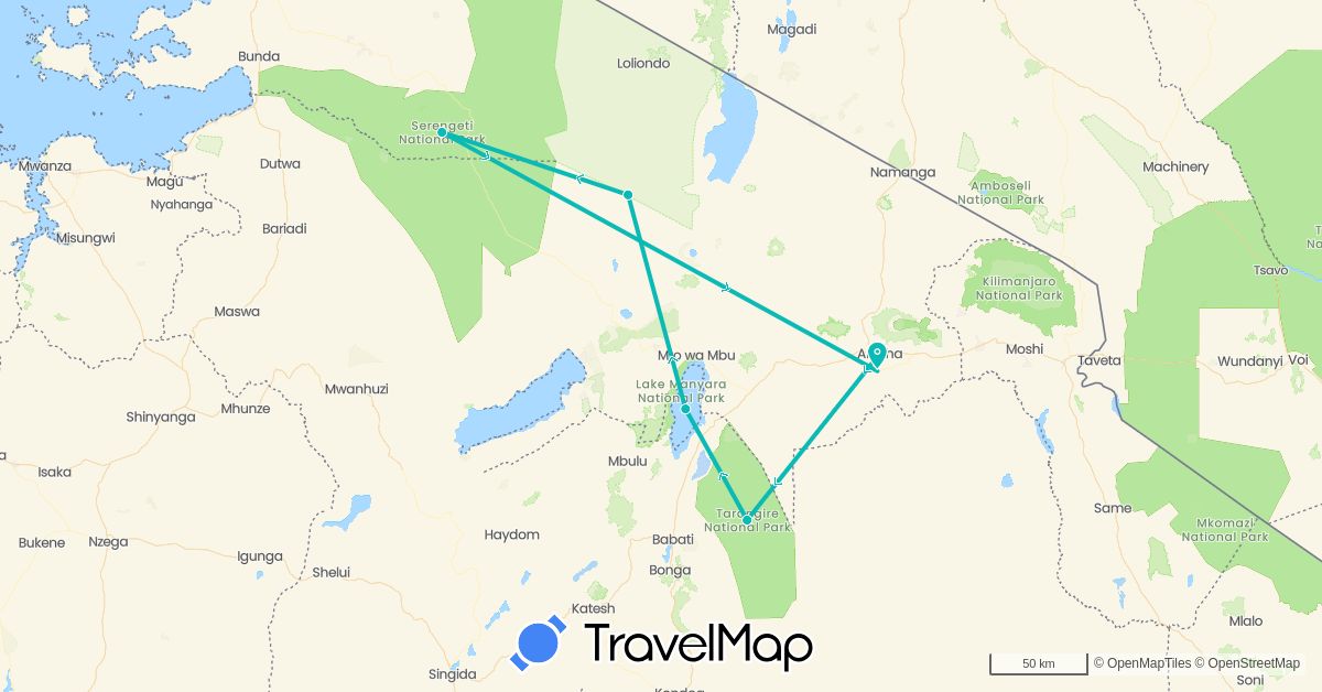 TravelMap itinerary: driving, auto in Tanzania (Africa)