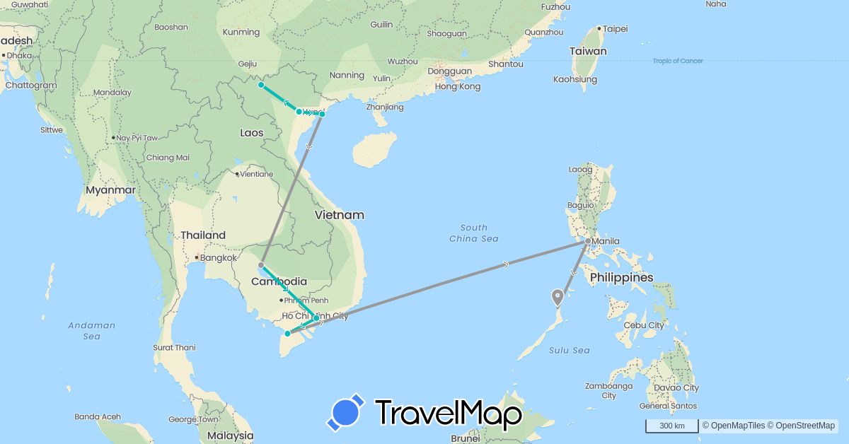 TravelMap itinerary: driving, plane, auto in Cambodia, Philippines, Vietnam (Asia)