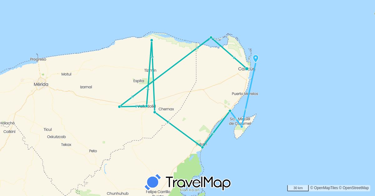 TravelMap itinerary: driving, boat, auto in Mexico (North America)