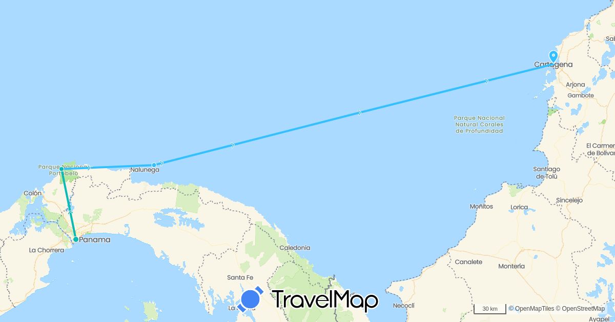 TravelMap itinerary: driving, boat, auto in Colombia, Panama (North America, South America)