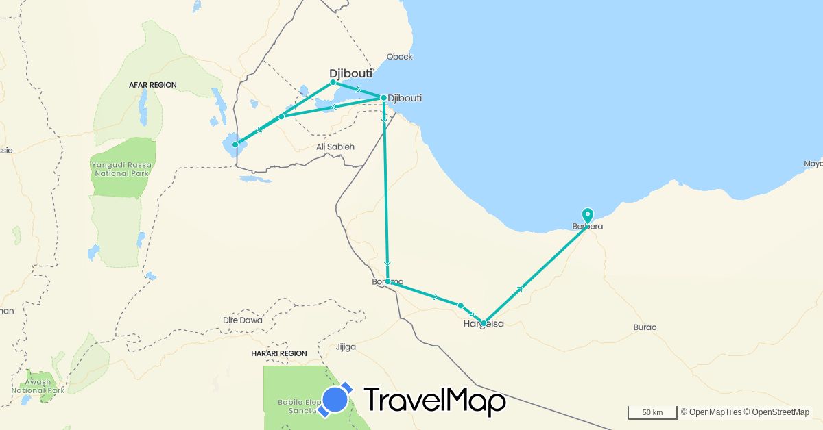 TravelMap itinerary: driving, auto in Djibouti, Ethiopia, Somalia (Africa)