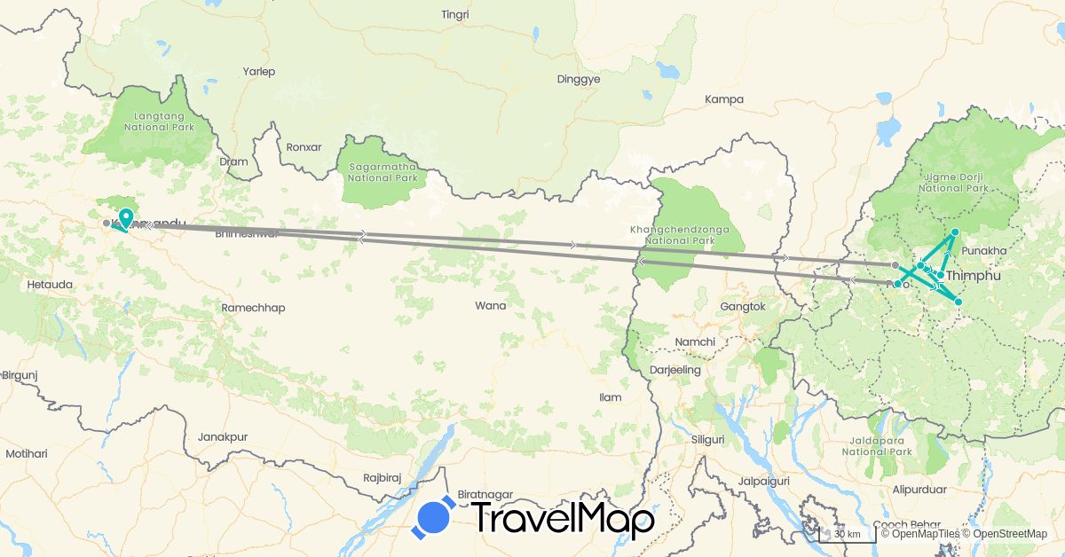TravelMap itinerary: driving, plane, auto in Bhutan, Nepal (Asia)