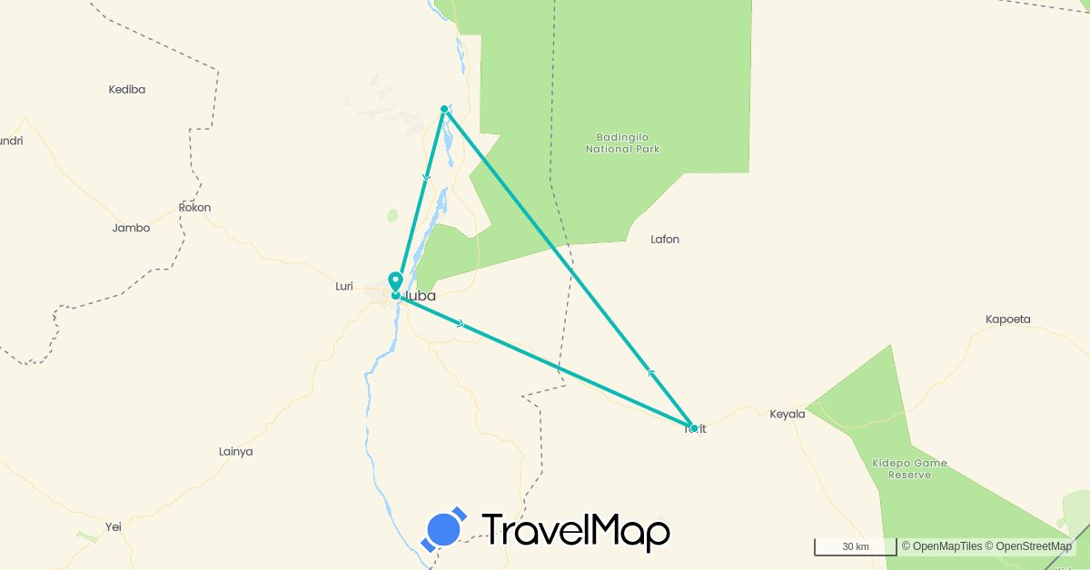 TravelMap itinerary: driving, auto in South Sudan (Africa)