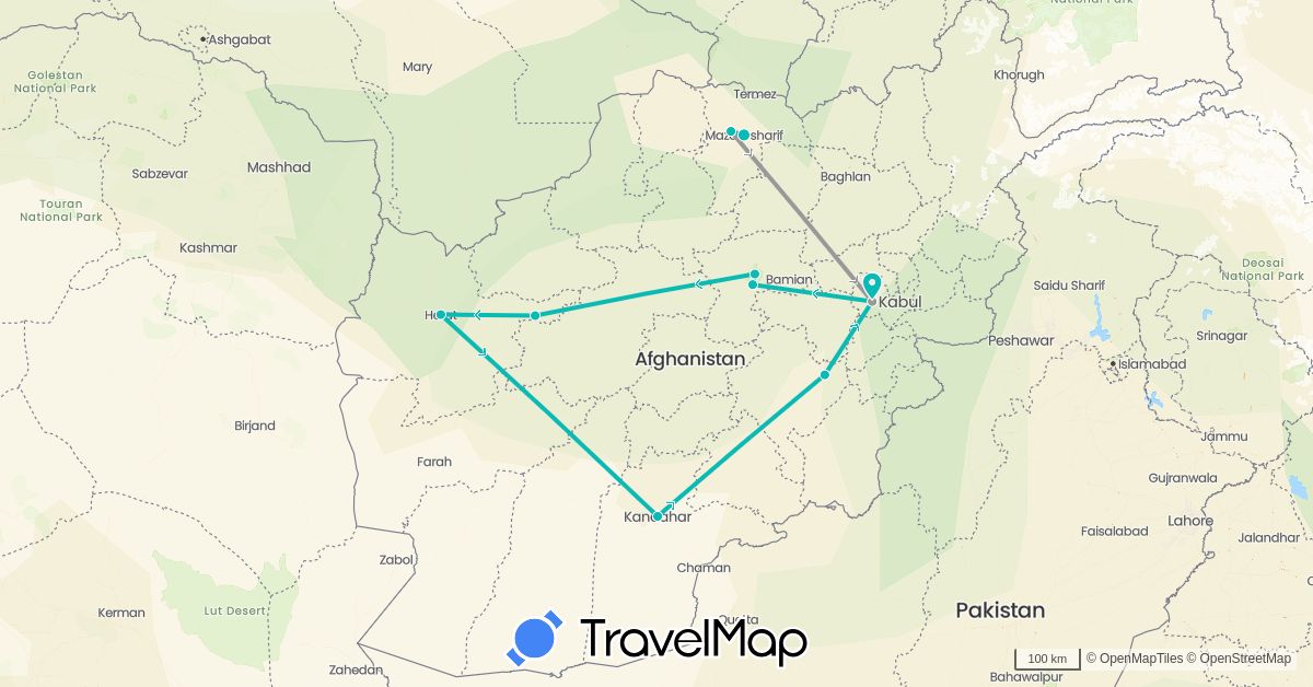 TravelMap itinerary: driving, plane, auto in Afghanistan (Asia)