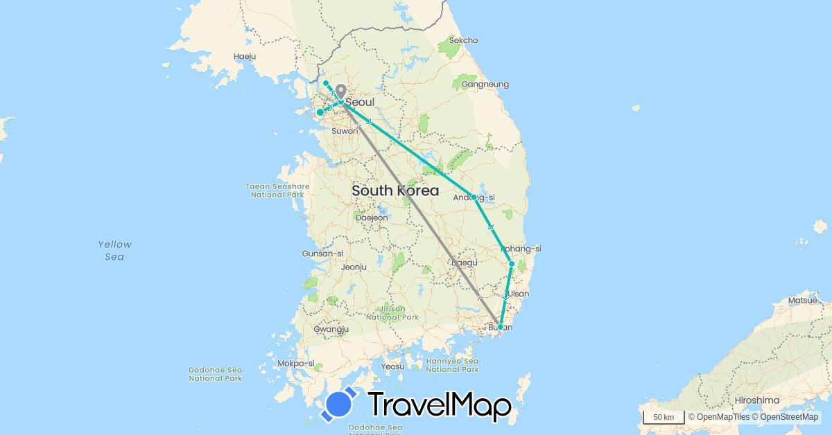 TravelMap itinerary: driving, plane, auto in South Korea (Asia)