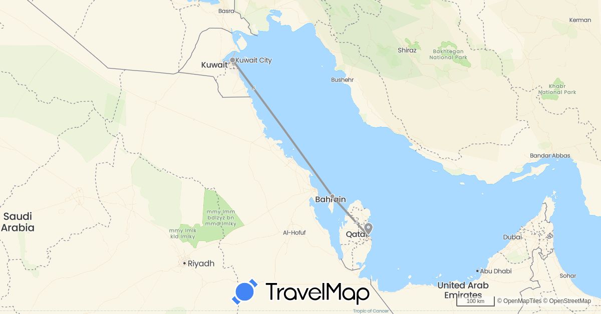 TravelMap itinerary: driving, plane in Bahrain, Kuwait, Qatar (Asia)