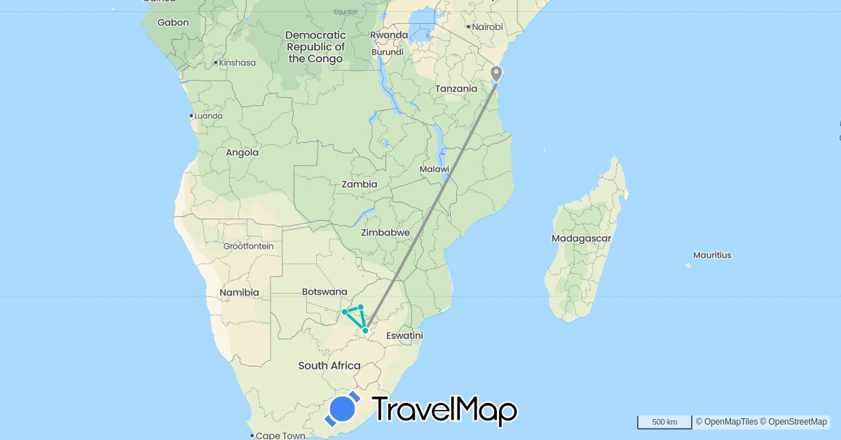 TravelMap itinerary: driving, plane, auto in Tanzania, South Africa (Africa)