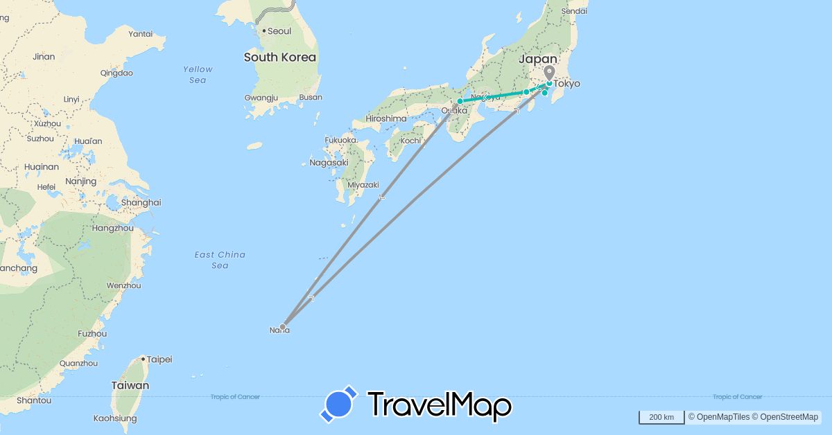 TravelMap itinerary: driving, plane, auto in Japan (Asia)
