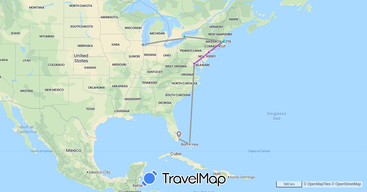 TravelMap itinerary: driving, plane, train, auto in Bahamas, Canada, United States (North America)