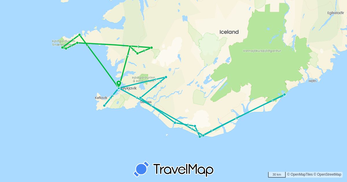 TravelMap itinerary: driving, bus, auto in Iceland (Europe)