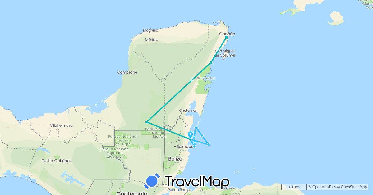 TravelMap itinerary: driving, boat, auto in Belize, Mexico (North America)