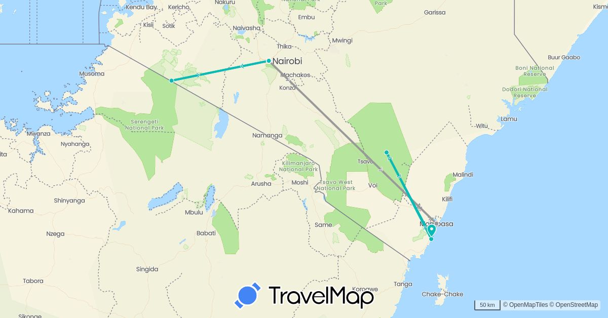 TravelMap itinerary: driving, plane, auto in Kenya (Africa)