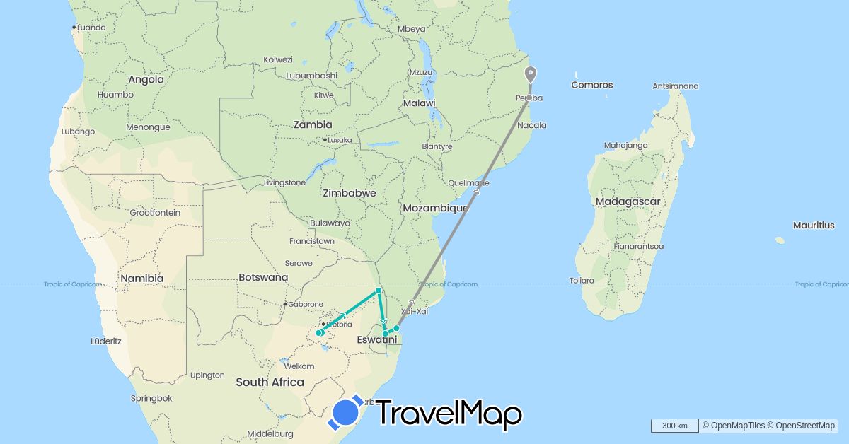 TravelMap itinerary: driving, plane, auto in Mozambique, Swaziland, South Africa (Africa)