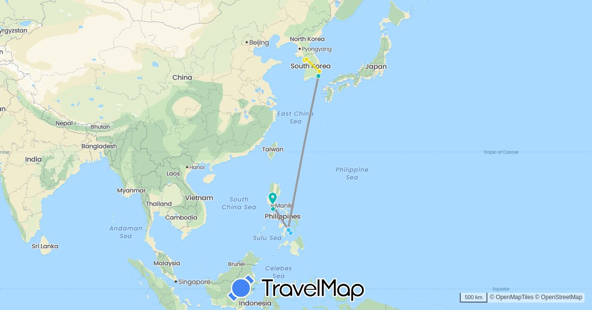 TravelMap itinerary: driving, plane, boat, auto, treno in South Korea, Philippines (Asia)