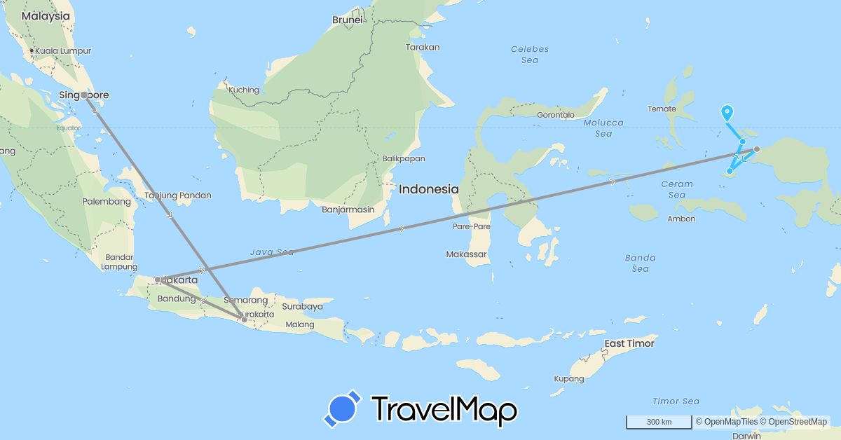 TravelMap itinerary: driving, plane, boat in Indonesia, Singapore (Asia)